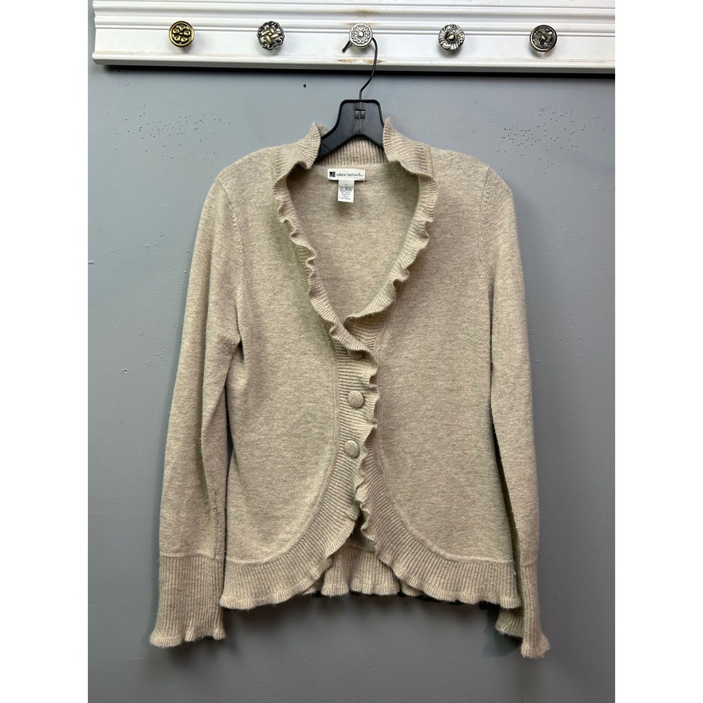 Valerie Bertinelli Cardigan Womens M Beige Ruffle Trim Angora Wool Blend Sweater